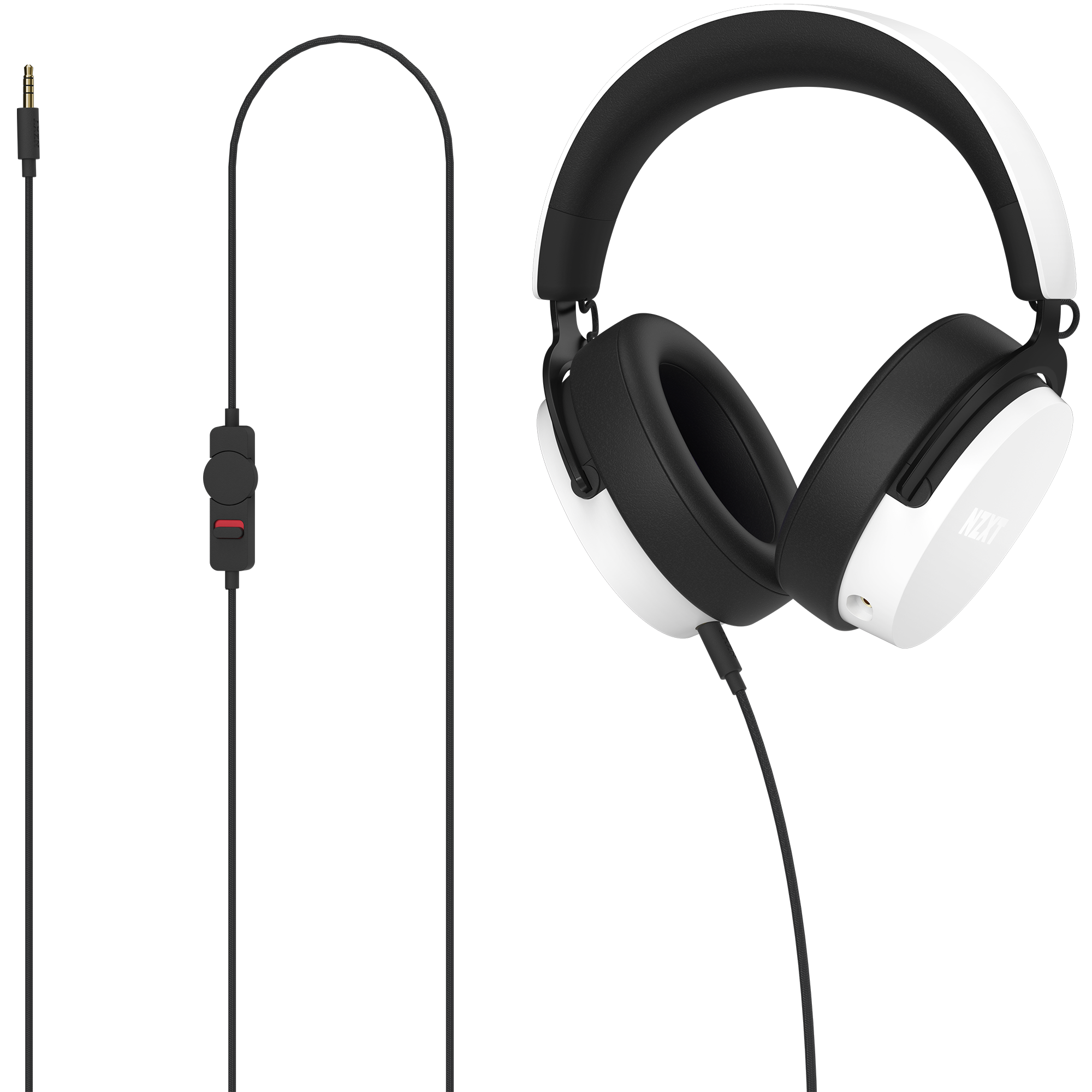 The NZXT Relay Headset + SwitchMix is a wired over-ear headset with black ear cushions, a white exterior, and a 3.5mm jack, offering high-resolution audio and easy controls via the inline SwitchMix remote.