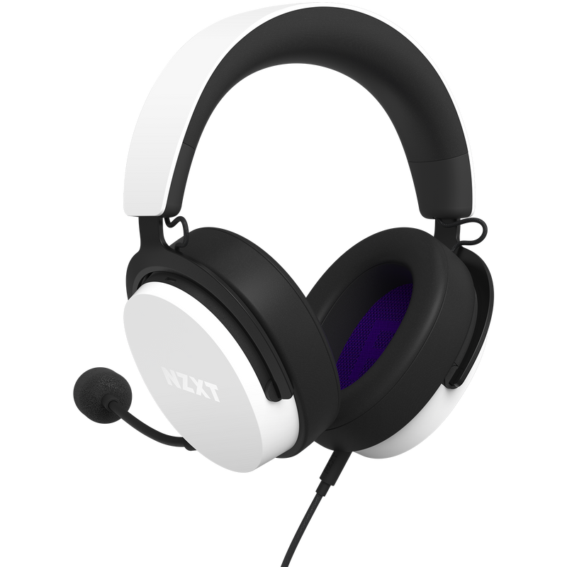 The NZXT Relay Headset is a black and white over-ear model with a built-in microphone, black ear cushions, a padded adjustable headband, and the NZXT logo on the ear cup. It supports Hi-Res Audio for immersive gaming sound.
