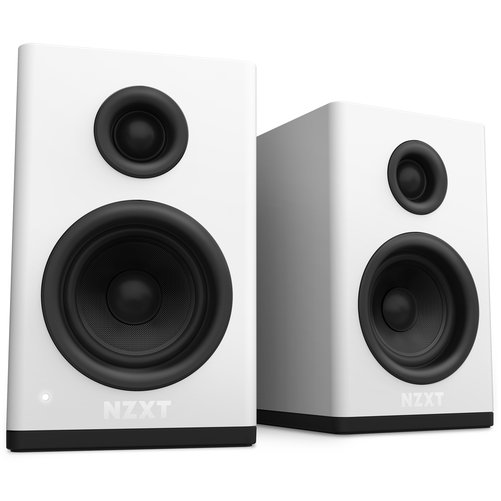 Two white, rectangular NZXT Relay Speakers with black circular cones and silk dome tweeters are positioned side by side on a plain background.