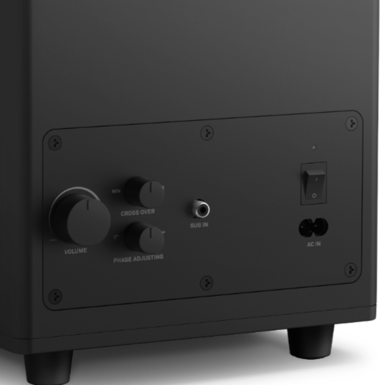 The NZXT Relay Subwoofer, part of the Relay Speakers + Relay Subwoofer set, is a black sub with rear panel controls for volume, crossover, and phase, plus sub input jack, power switch, AC input, 140W output power, and small feet.