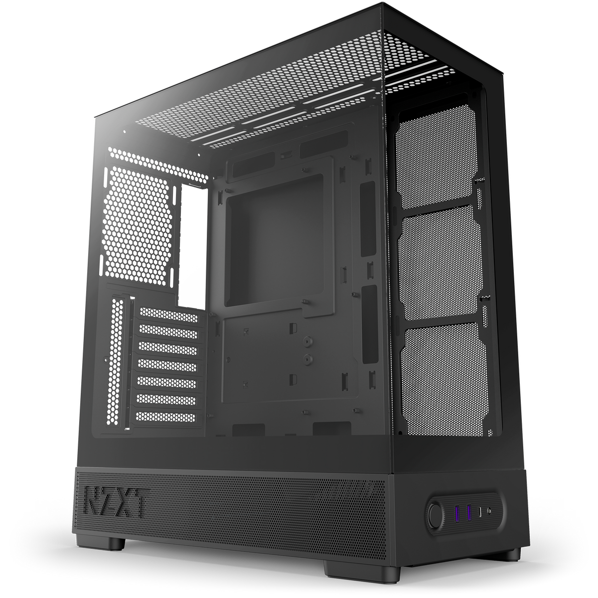 NZXT S5 RGB Deluxe black, hero angle of the bare steel chassis and dual tempered glass