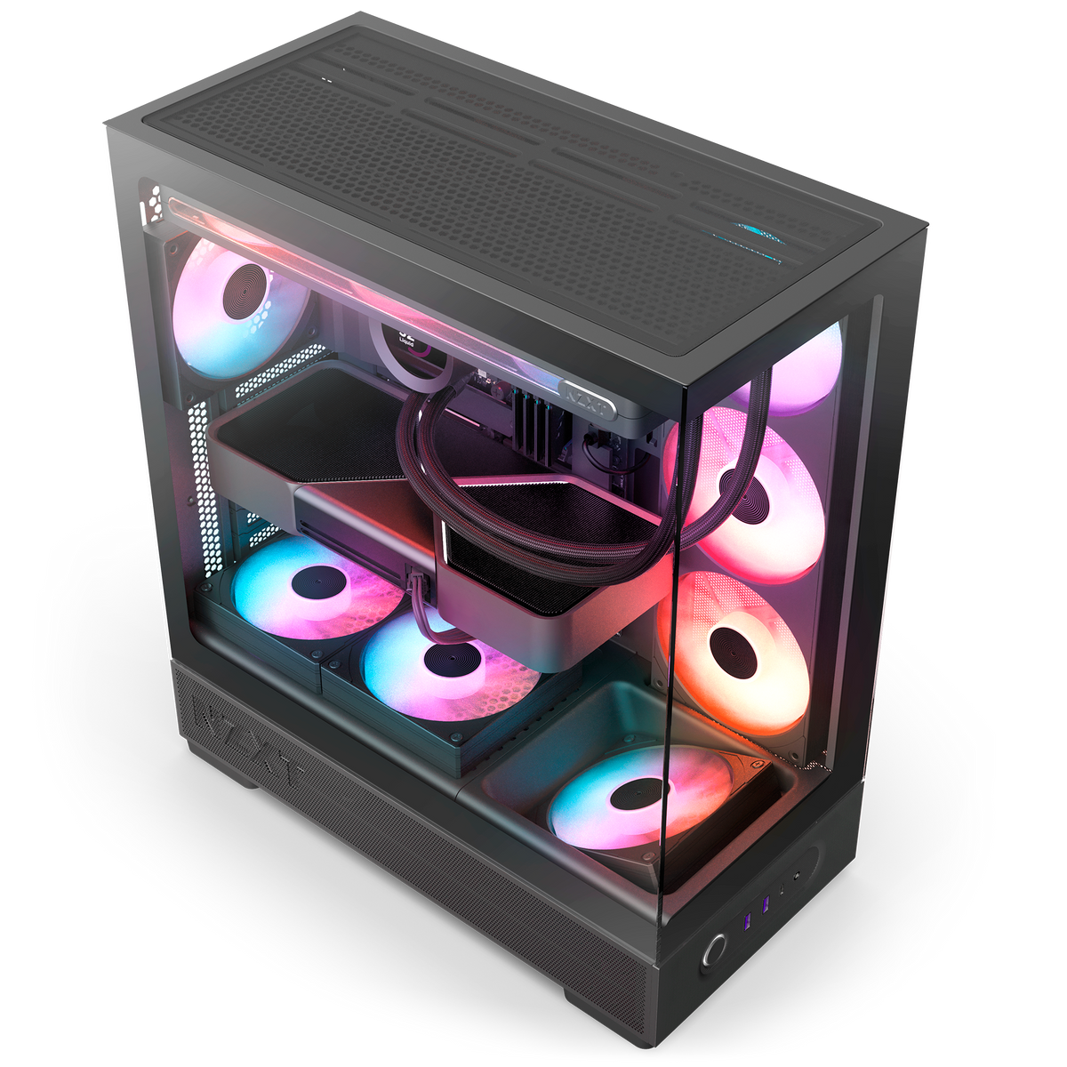NZXT S5 RGB Deluxe black, overhead view of a completed build, with an AIO cooler and graphics card installed behind the panoramic glass. Components other than the case and its five pre-installed RGB fans are sold separately.