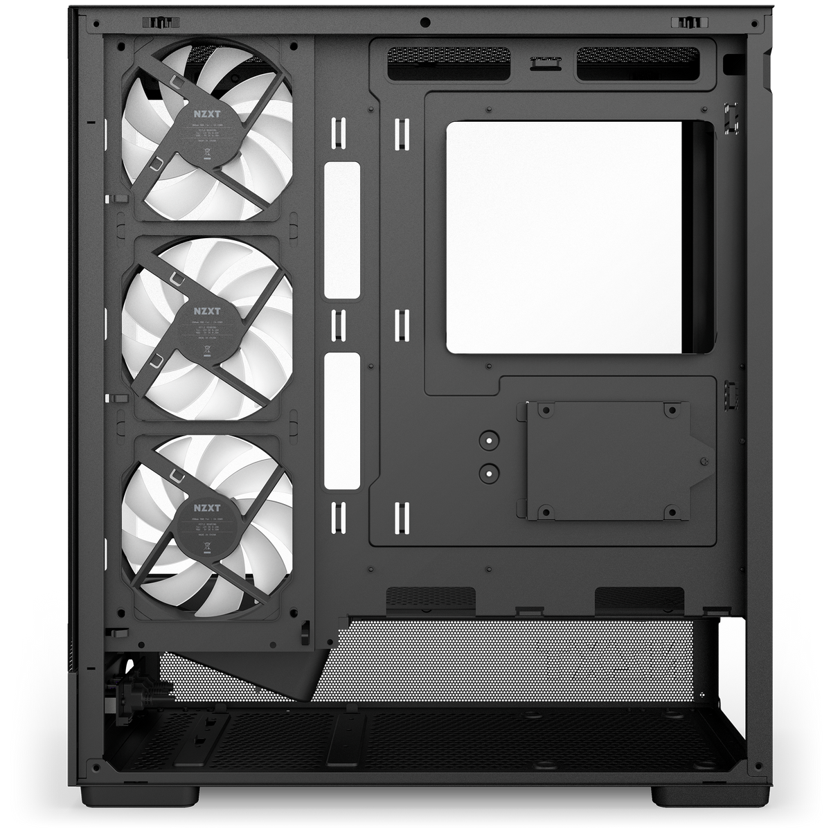 NZXT S5 RGB black with the right panel removed, showing cable routing space behind the motherboard
