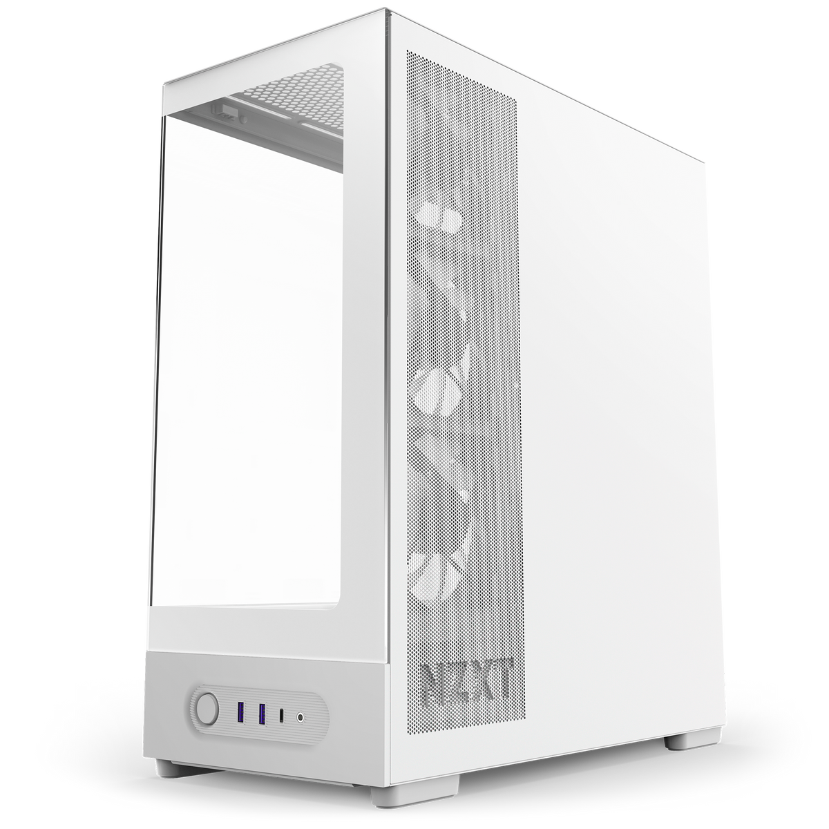 NZXT S5 RGB Deluxe white, right side steel mesh panel feeding the side intake