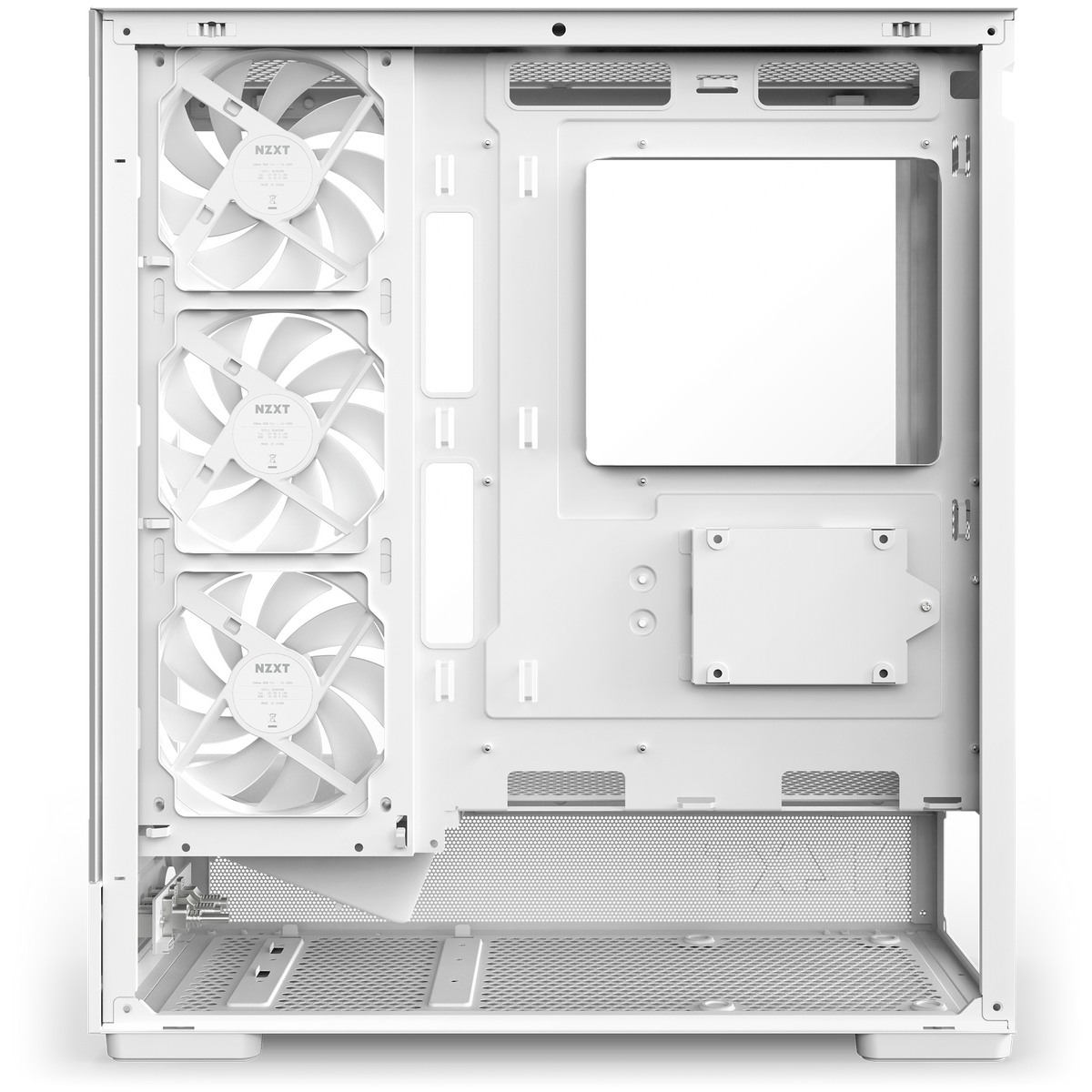 NZXT S5 RGB white with the right panel removed, showing cable routing space behind the motherboard