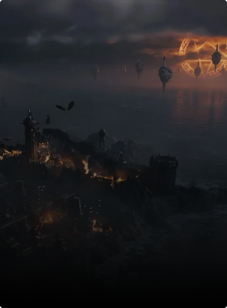 A dark, burning coastal city with smoke rising, surrounded by ominous waters. Several floating islands hover in the distance under a stormy sky, one marked with a glowing orange magical symbol.