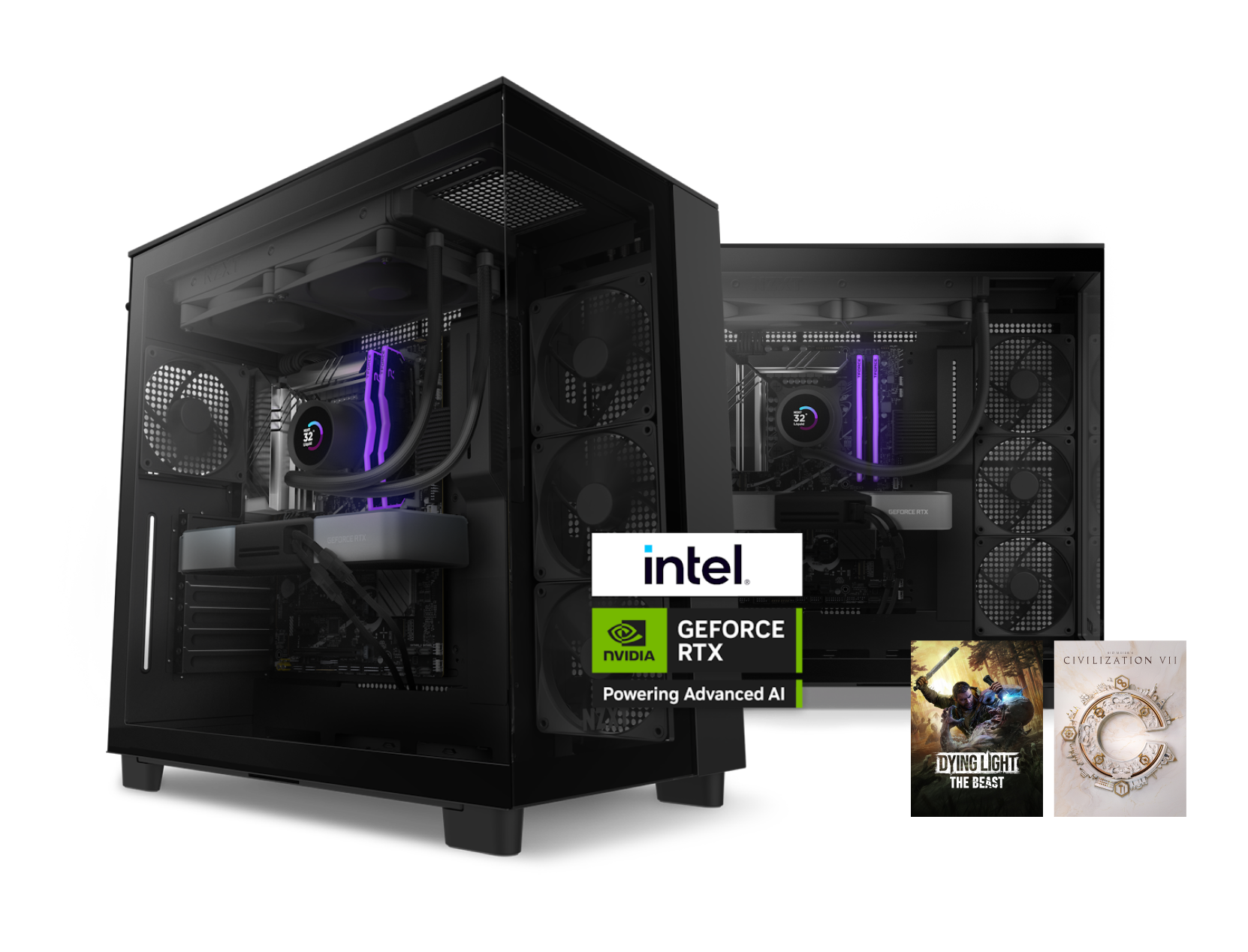 Two black gaming PCs with transparent sides showing RGB-lit components, featuring Intel and NVIDIA GeForce RTX logos. Game covers for Dying Light 2 and Civilization VI are displayed in the foreground.