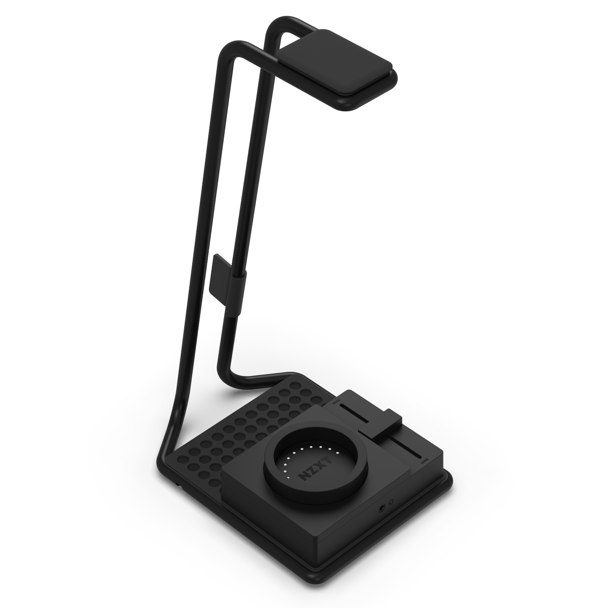 A sleek, black NZXT desk stand with vertical arm, rectangular tray, circular wireless charging pad, and perforated base—ideal for organizing devices and powering your Relay Headset + SwitchMix or other essentials.