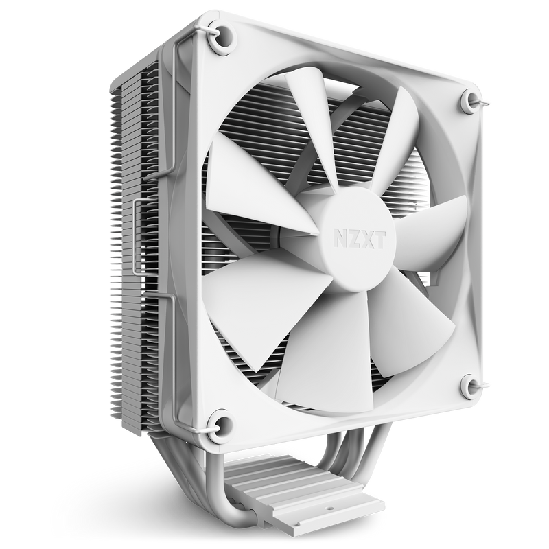 The NZXT T120 is a white air CPU cooler with a large fan and heatsink, featuring the NZXT logo at the center of the fan. It offers excellent thermal performance and is displayed against a transparent background.