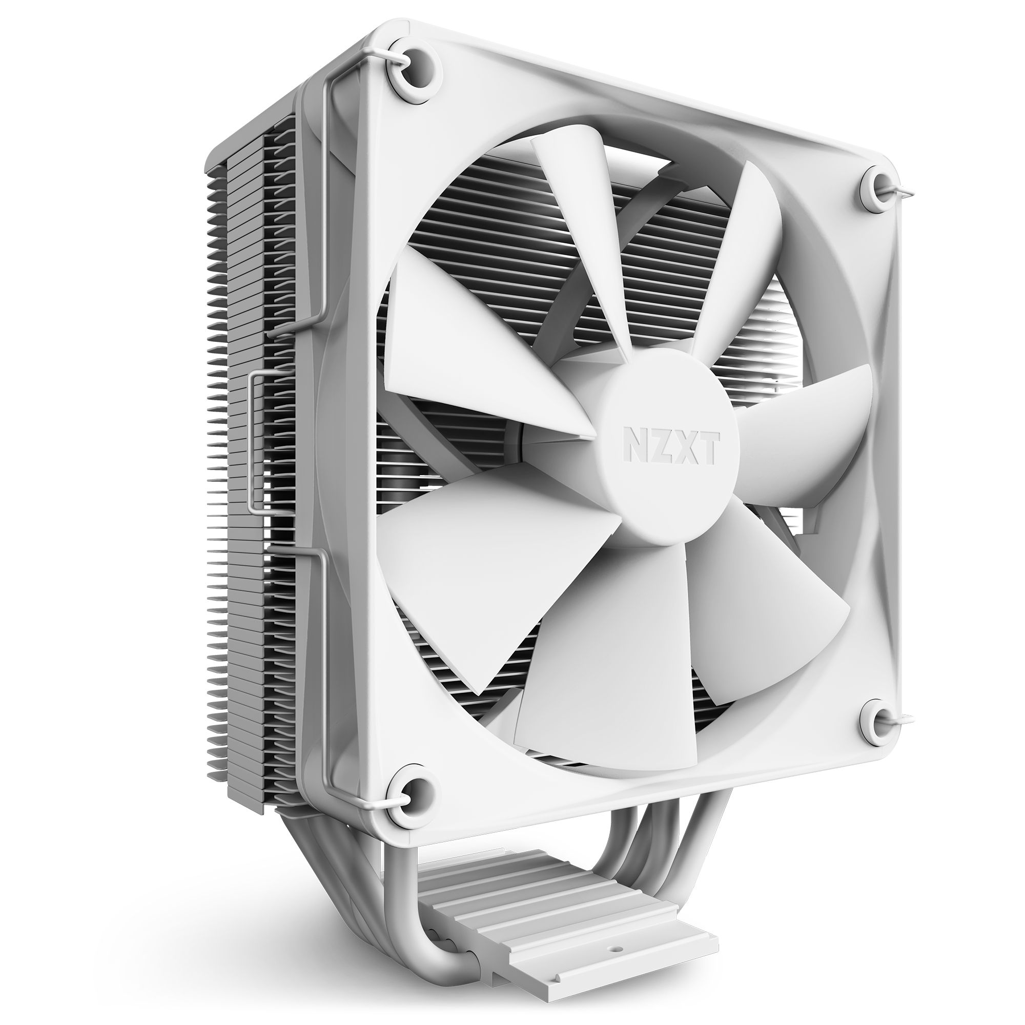 The NZXT T120 is a white air CPU cooler with a large fan and heatsink, featuring the NZXT logo at the center of the fan. It offers excellent thermal performance and is displayed against a transparent background.