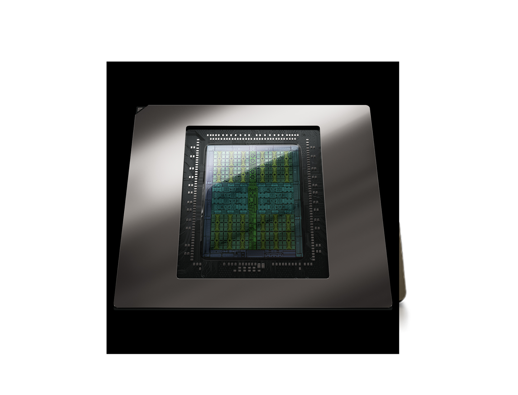 A close-up of a computer microchip on a reflective square base, showing intricate circuitry patterns and components under a glass-like covering, against a plain black background.
