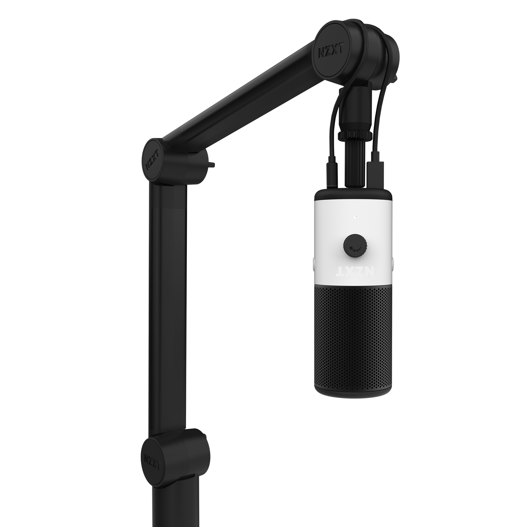 A black and white NZXT microphone is mounted on an NZXT Boom Arm Mini with concealed cable management, positioned vertically against a plain white background.