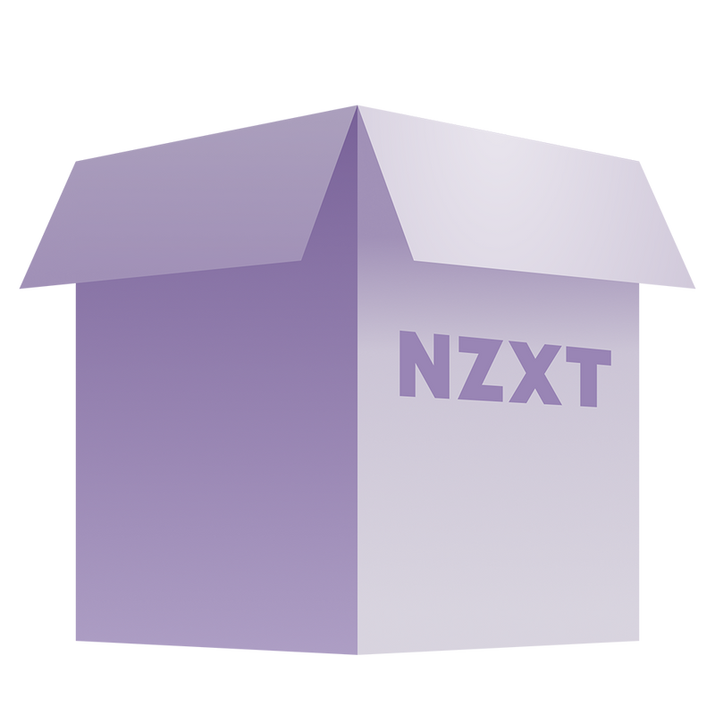 A large, light purple NZXT BLD box from the Gaming PC RMA Packaging Materials (H7/H710 2021-2023 Series), featuring stylized shading and NZXT branding on one side.
