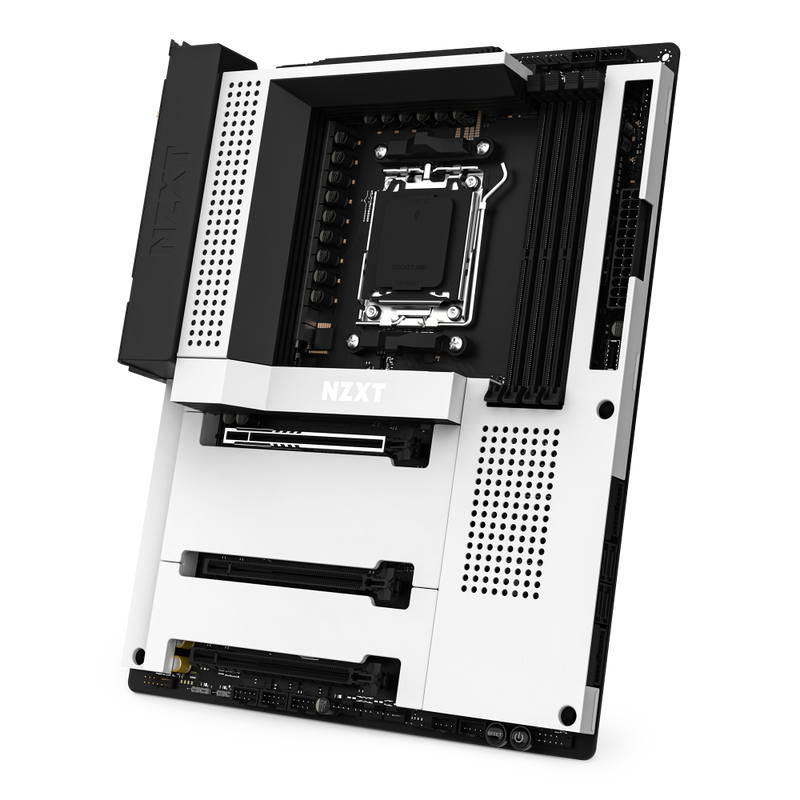 The NZXT N7 B650E motherboard, shown at an angle in black and white, features multiple PCIe and RAM slots, visible NZXT branding, and a minimalist design built on the AMD B650 chipset.