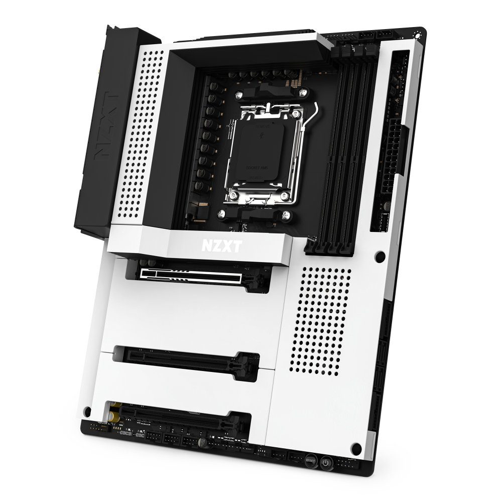 The NZXT N7 B650E motherboard, shown at an angle in black and white, features multiple PCIe and RAM slots, visible NZXT branding, and a minimalist design built on the AMD B650 chipset.