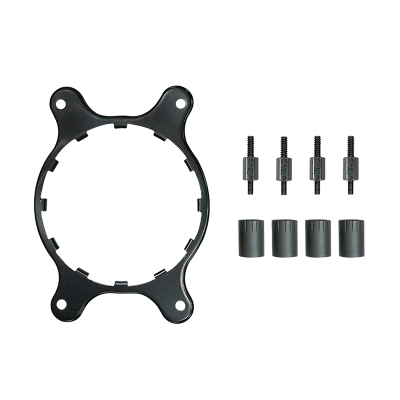 The NZXT Kraken XZ AM5 Upgrade Kit, including a CPU cooler mounting bracket, four screws, and four cylindrical spacers, is neatly arranged on a white background.