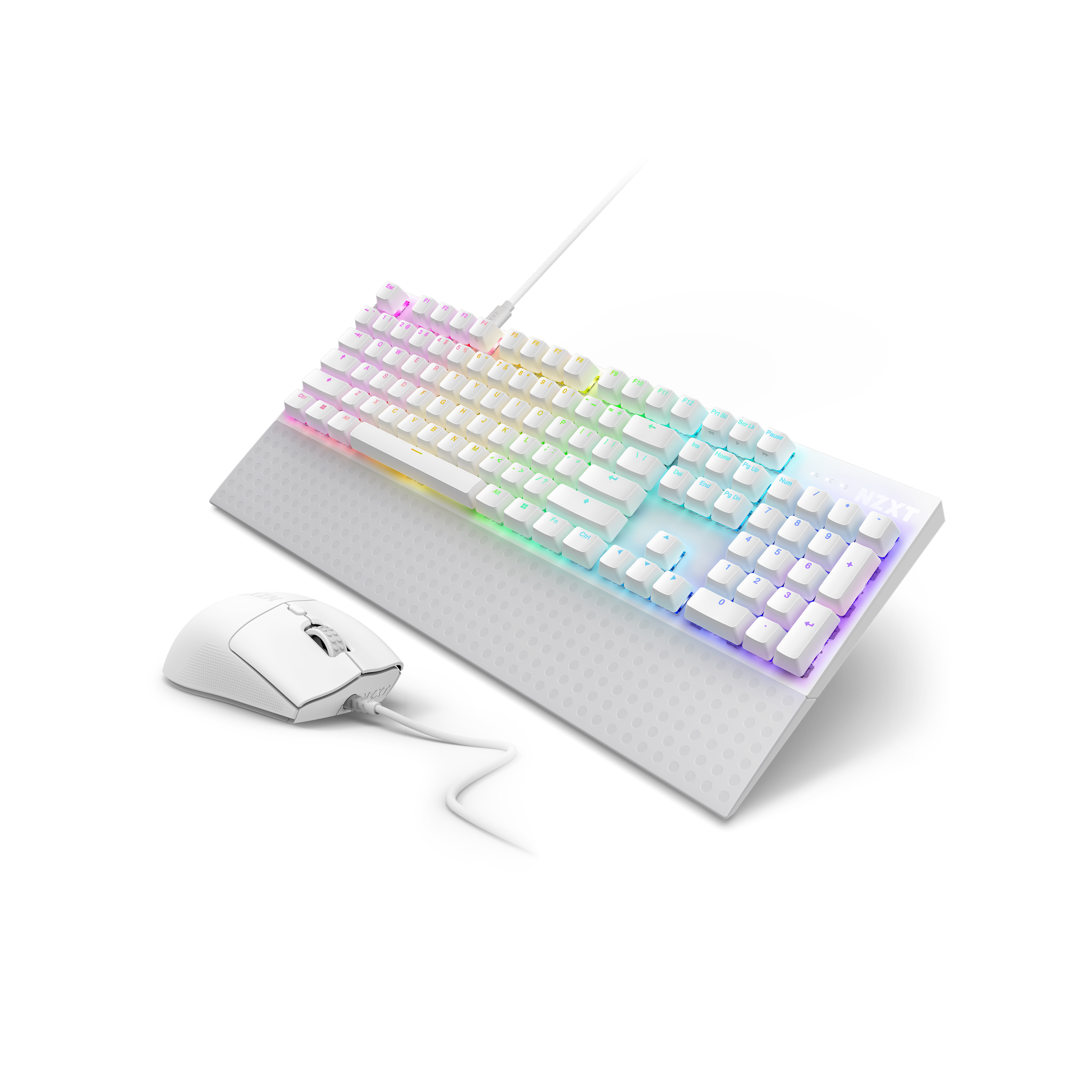 The NZXT Function 2 + Lift 2 Ergo set features a white keyboard with Swift Optical Switches and RGB keys, paired with a matching mouse on a white textured mat, all set against a striking black background.