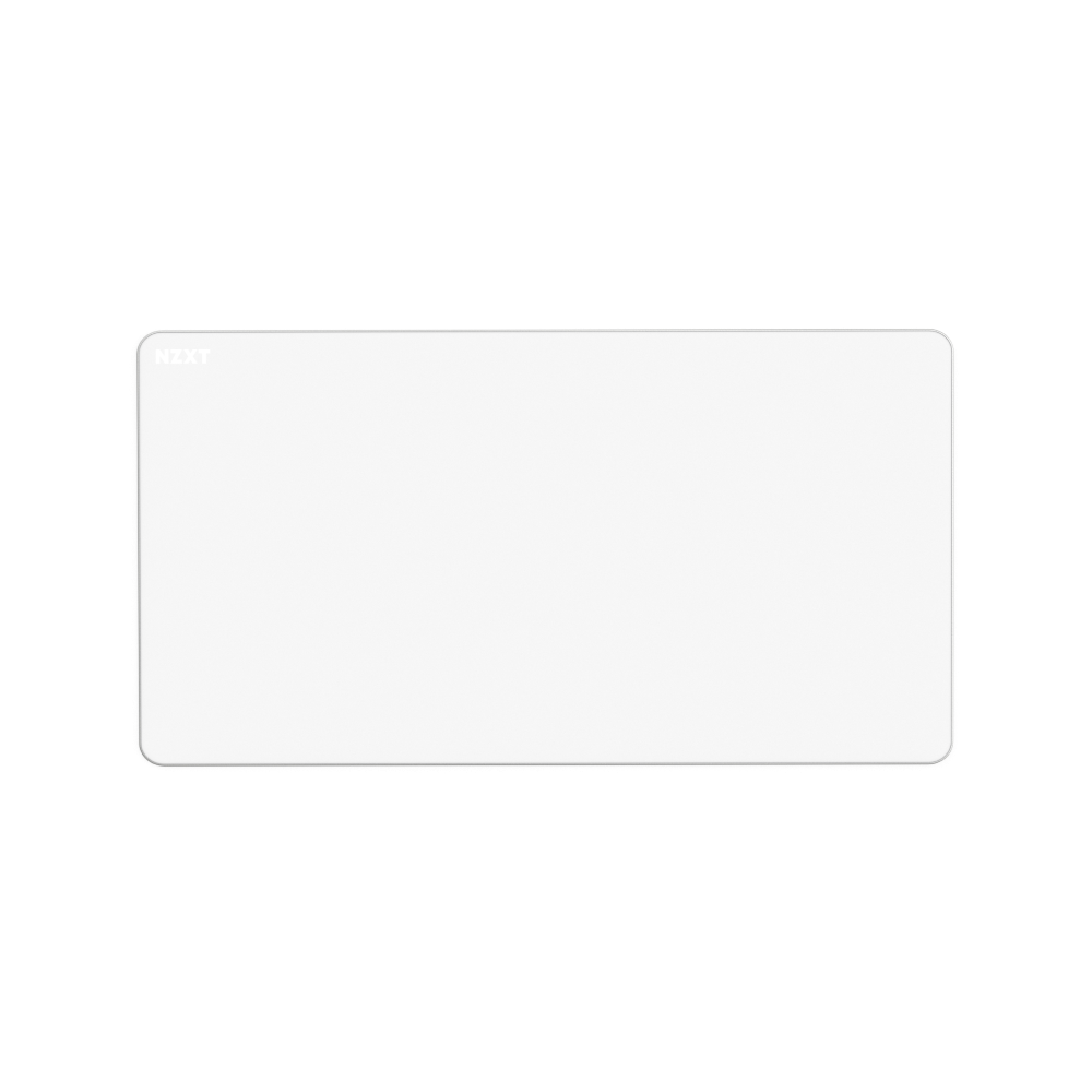 A blank, white rectangular Zone XL card by NZXT with rounded corners and a subtle shadow displays NEXT in small, light gray text at the top left and rests elegantly on a balanced micro-weave cloth.