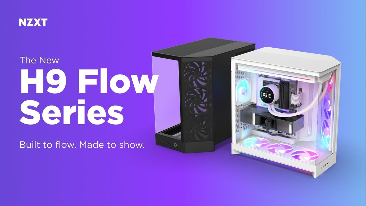 Black and white NZXT H9 Flow cases with RGB fans on a purple banner reading H9 Flow Series