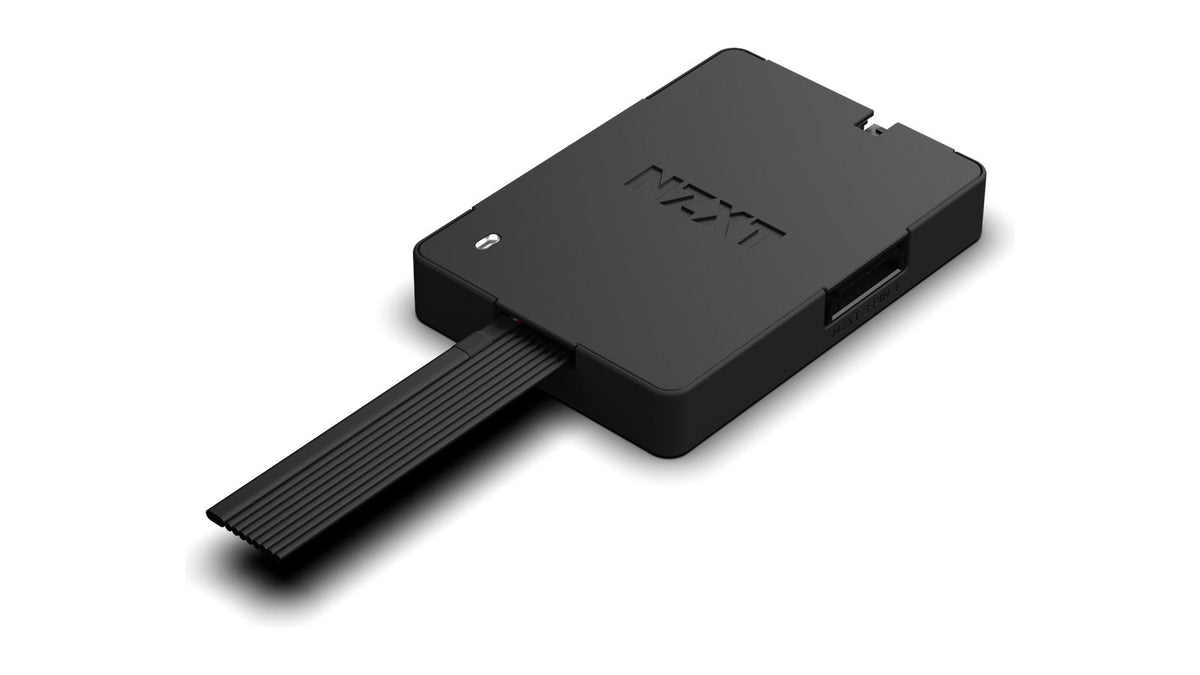 Black NZXT fan and RGB controller hub with a flat ribbon cable, on a white background