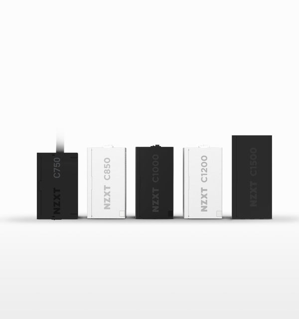 Five NZXT computer power supplies in a row, labeled C750, C850, C1000, C1200, and C1500, in alternating black and white colors, on a white background.