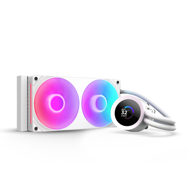 The NZXT Kraken Plus 240 RGB is a white liquid CPU cooler with two RGB fans emitting pink, blue, and purple gradients, and a round LCD display for temperatures. White tubing connects the unit, creating a vibrant and stylish setup.