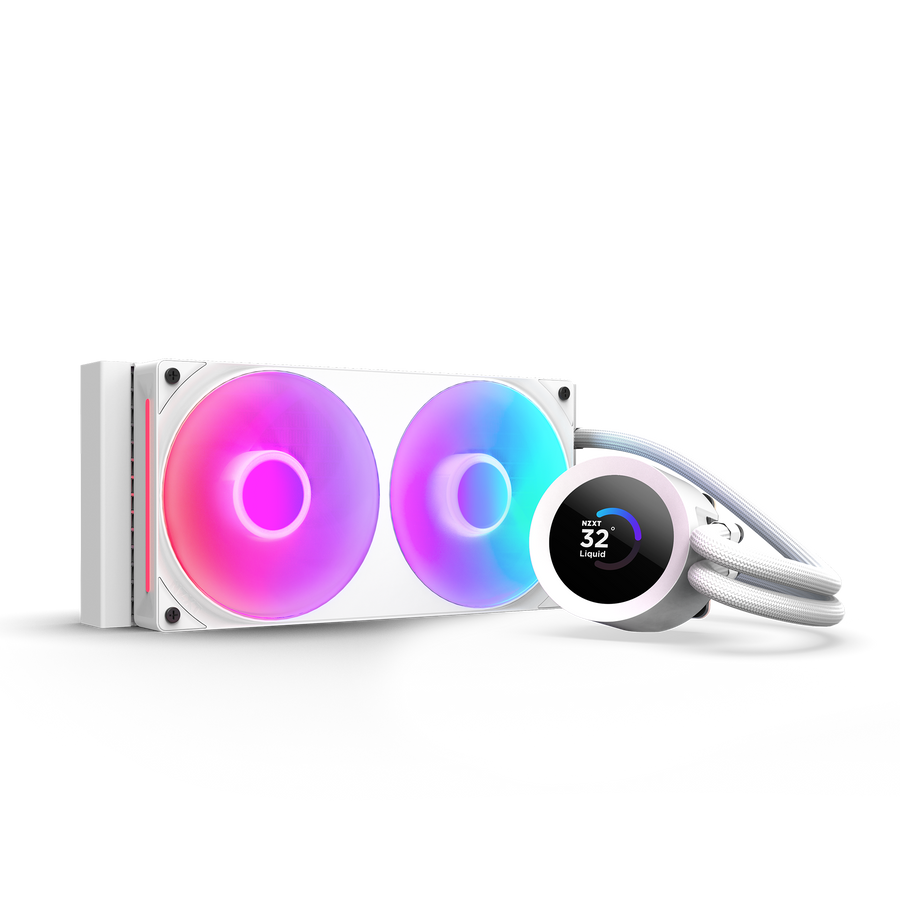 The NZXT Kraken Plus 240 RGB is a white liquid CPU cooler with two RGB fans emitting pink, blue, and purple gradients, and a round LCD display for temperatures. White tubing connects the unit, creating a vibrant and stylish setup.