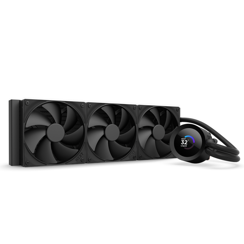 The NZXT Kraken Plus 360 is a high-performance cooling system with three large black fans and a circular LCD display on the pump showing a temperature of 32°C.