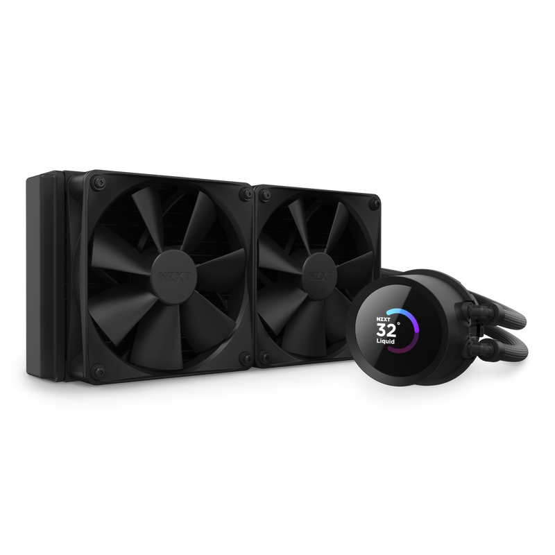 The NZXT Kraken 240 is a black liquid CPU cooler with two large fans and a circular pump head featuring an LCD screen displaying 32°C, designed for excellent cooling performance.