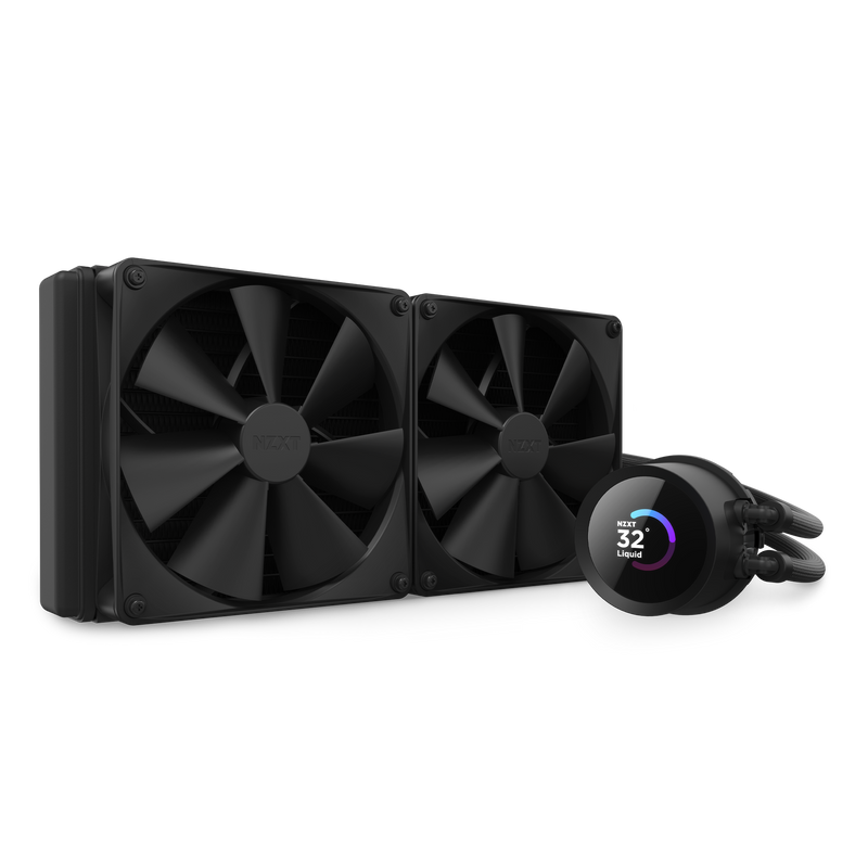 The NZXT Kraken 280 is a black dual-fan liquid CPU cooler featuring two large fans and a circular pump with a digital display for temps and liquid levels, effortlessly managed via NZXT CAM software.
