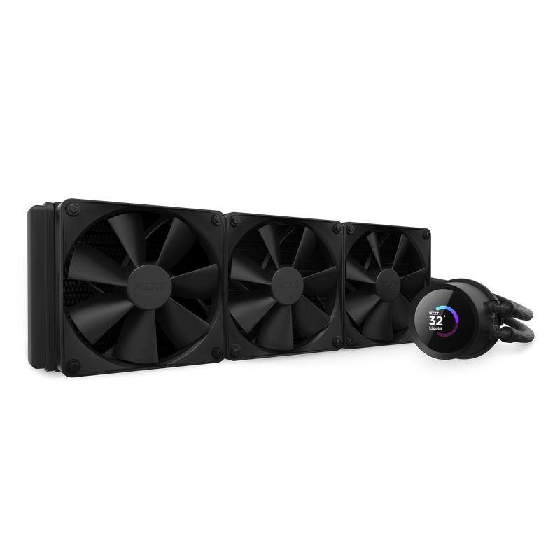 The NZXT Kraken 360 is a black liquid CPU cooler with three large fans and a circular LCD pump head for temperature and lighting, delivering optimal cooling performance.