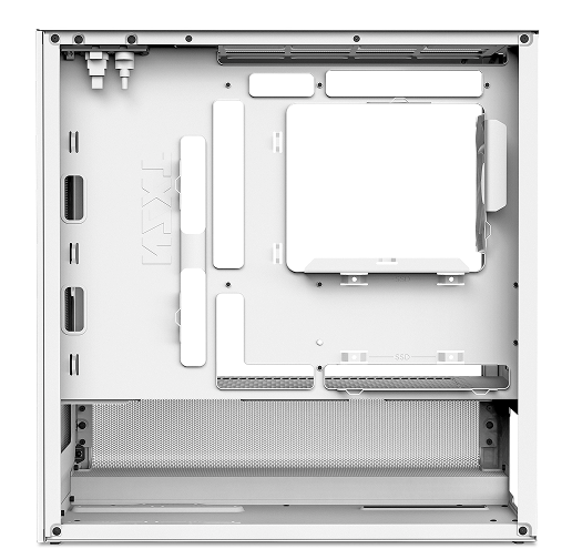 A white, empty NZXT computer case with cutouts for components, cable management holes, and mounting brackets visible inside. The interior is clean, minimal, and ready for PC assembly.