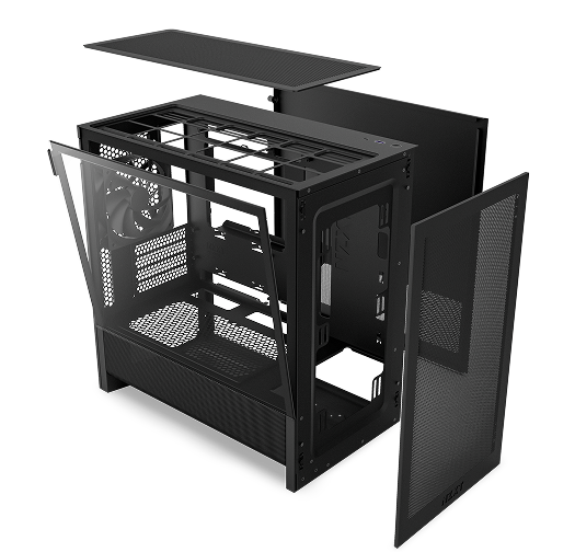 A black PC case with its side, front, and top panels removed, showcasing the interior frame, cooling fan, and ventilation areas. The panels are displayed slightly apart from the main chassis.