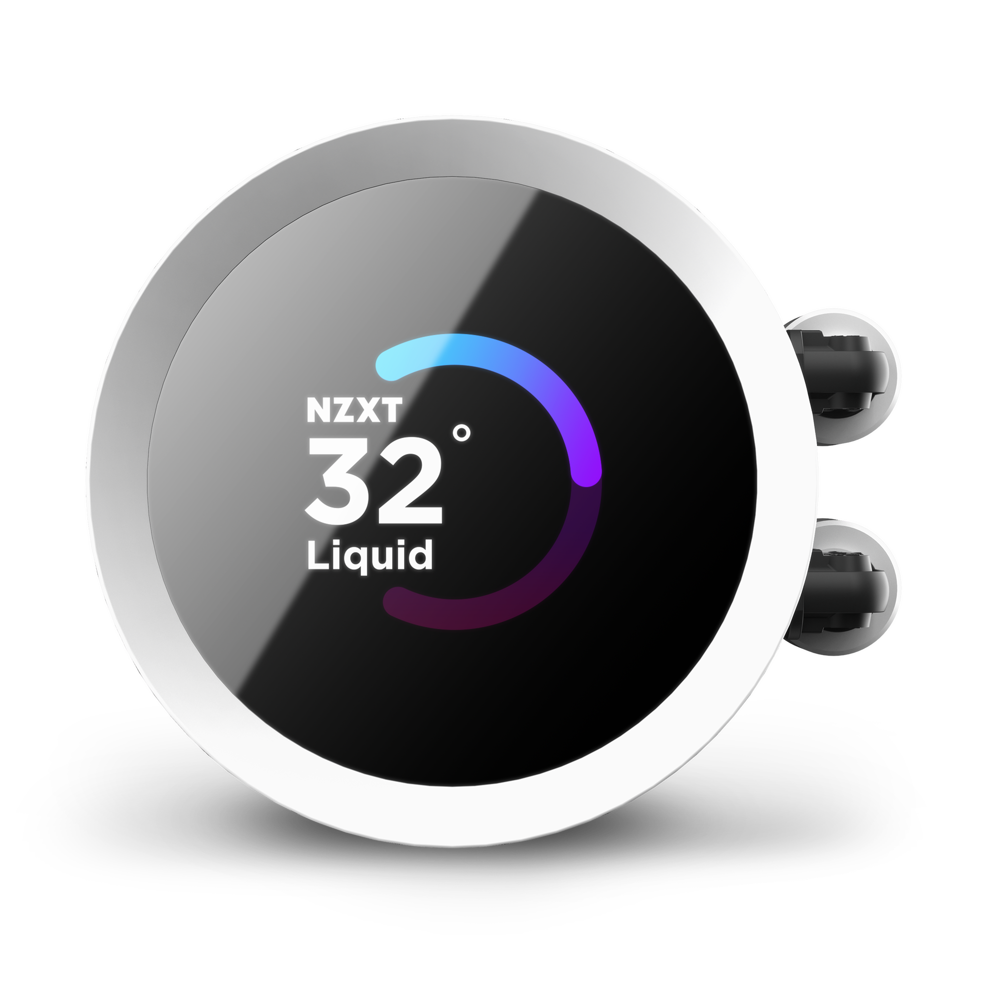 The NZXT Kraken 240 RGB is a circular device with an LCD screen showing “NZXT 32° Liquid” and a color arc for cooling status. Its sleek silver frame features two ports on the right side.