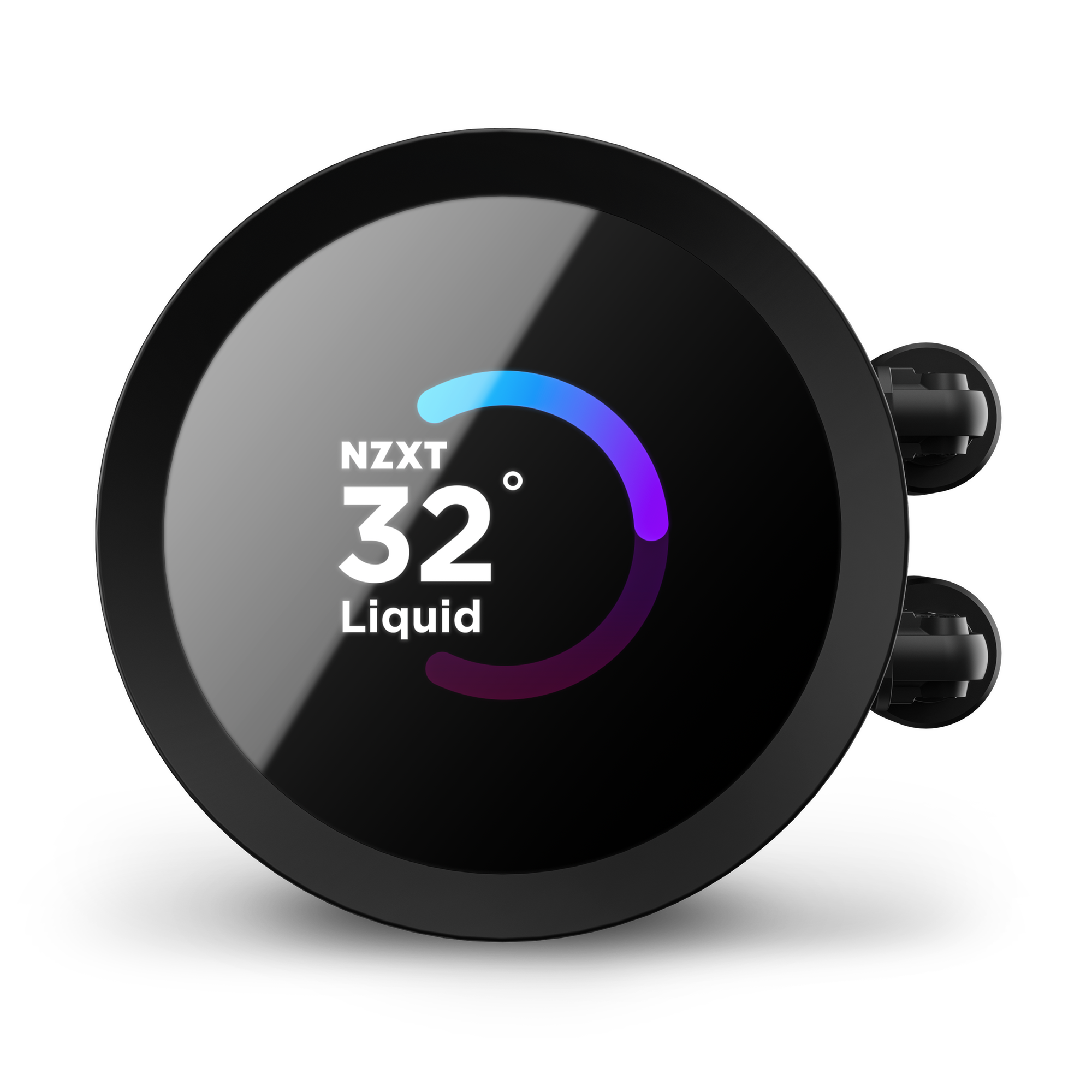 The NZXT Kraken 240 features a circular LCD screen showing 32° liquid temperature with a blue and purple progress bar, highlighting cooling performance and integrating seamlessly with NZXT CAM for real-time monitoring.