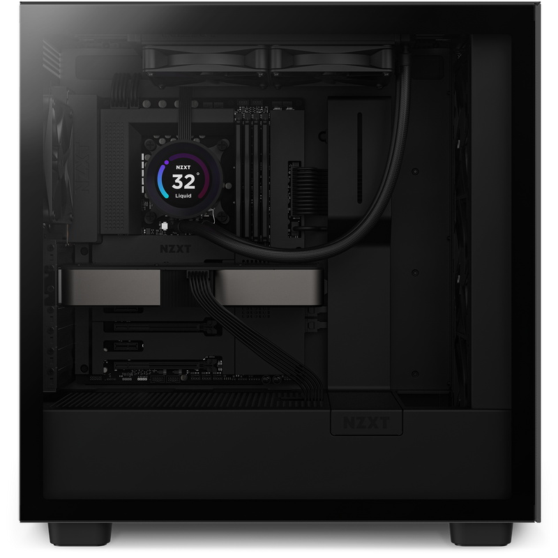 The NZXT Kraken Elite 240 (2023) is a sleek black desktop PC case with a transparent side panel, displaying internal components, dual graphics cards, and a digital display showing 32°C Liquid.