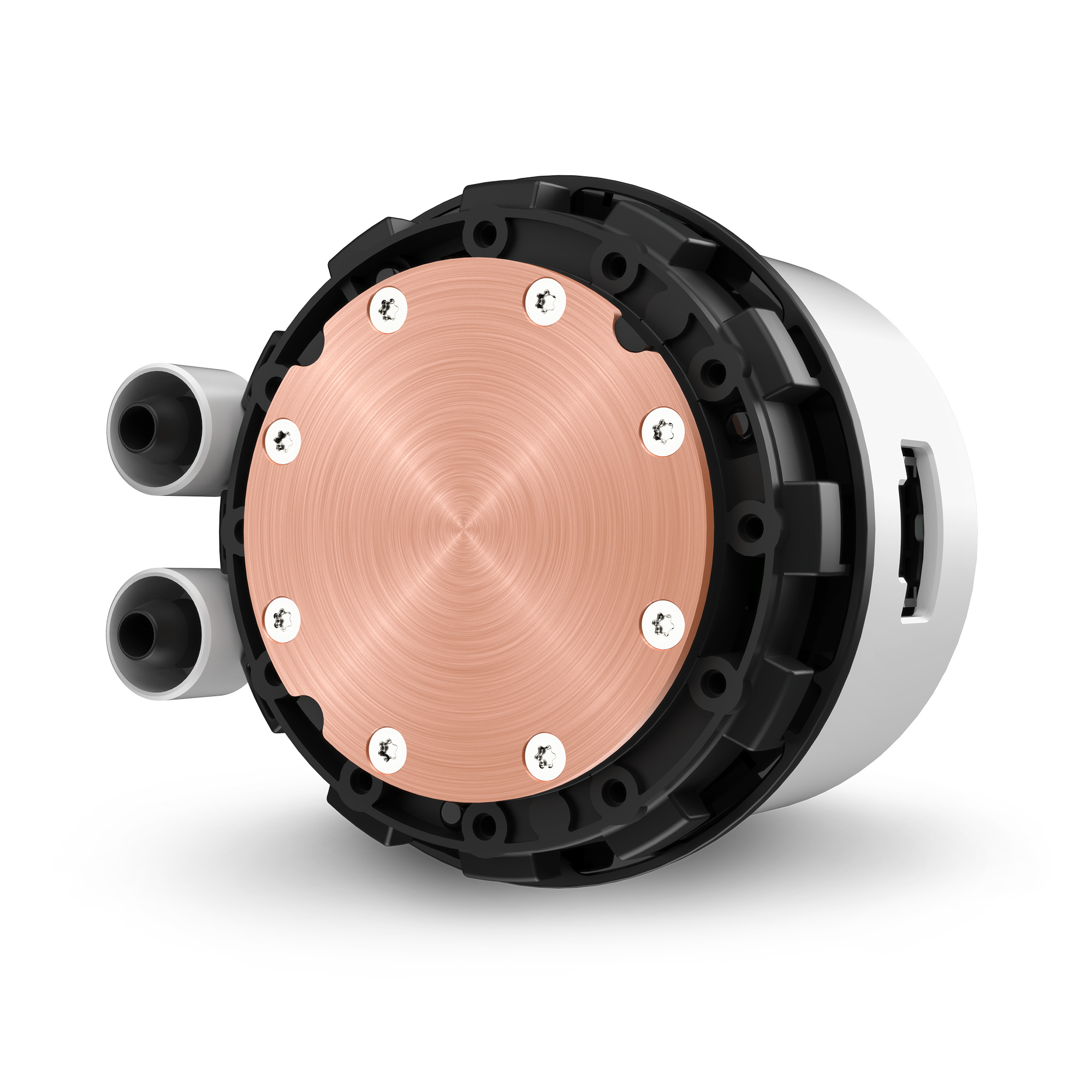 Close-up of the NZXT Kraken 240 RGBs circular metallic component, showcasing a copper plate secured by eight screws, black outer casing, and two left-side black tube connectors for optimal cooling.
