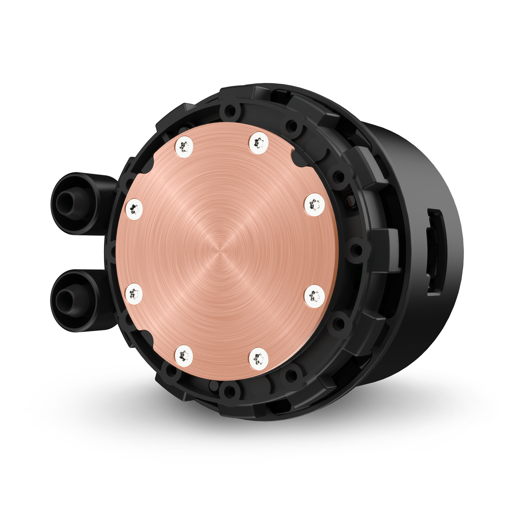 A close-up of the NZXT Kraken 240 shows its circular component with a copper plate, six screws, black plastic housing, and two side tubes—engineered to boost cooling performance.