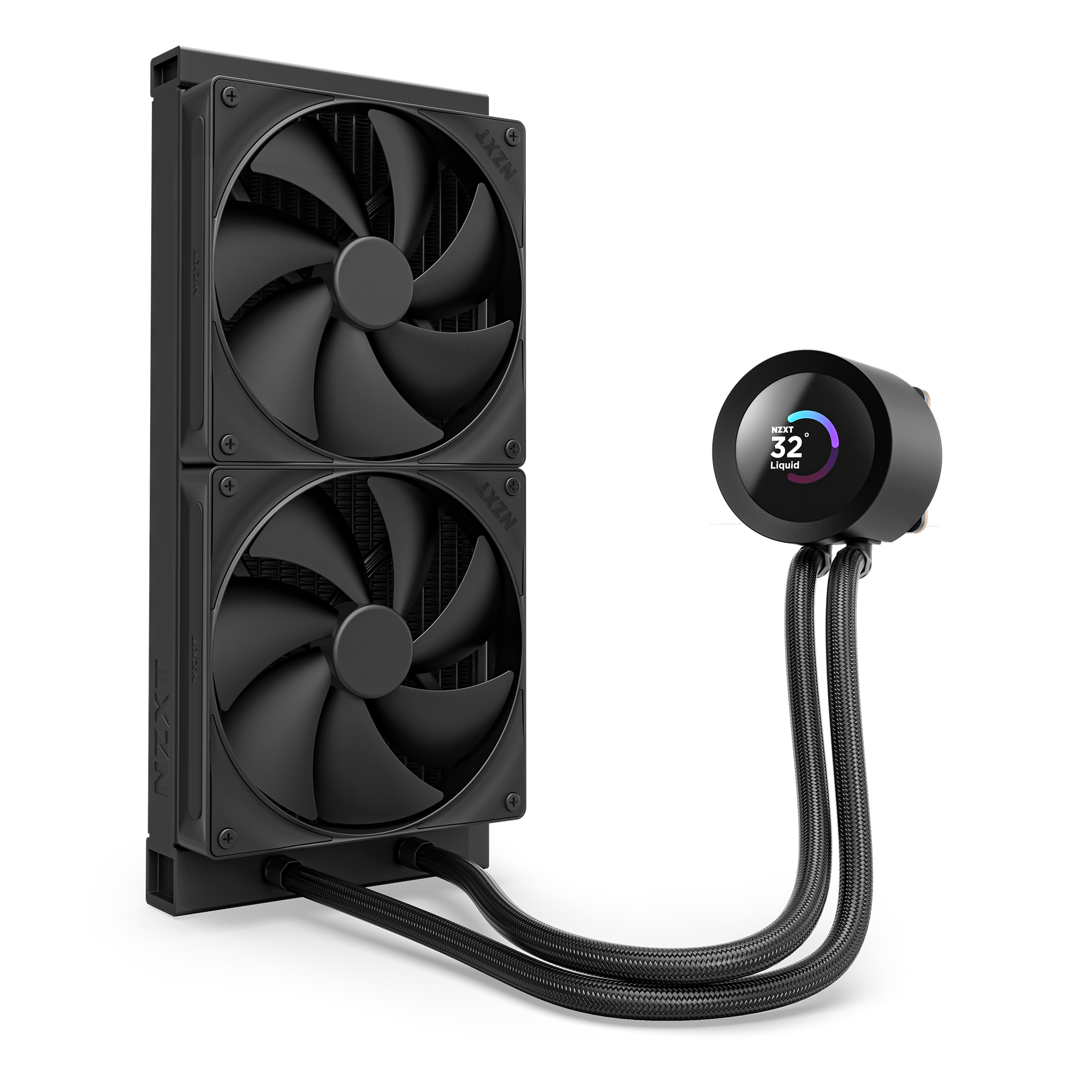 A black liquid CPU cooler with two large fans mounted on a rectangular radiator, connected to a round pump with a digital display showing a temperature of 32°C.