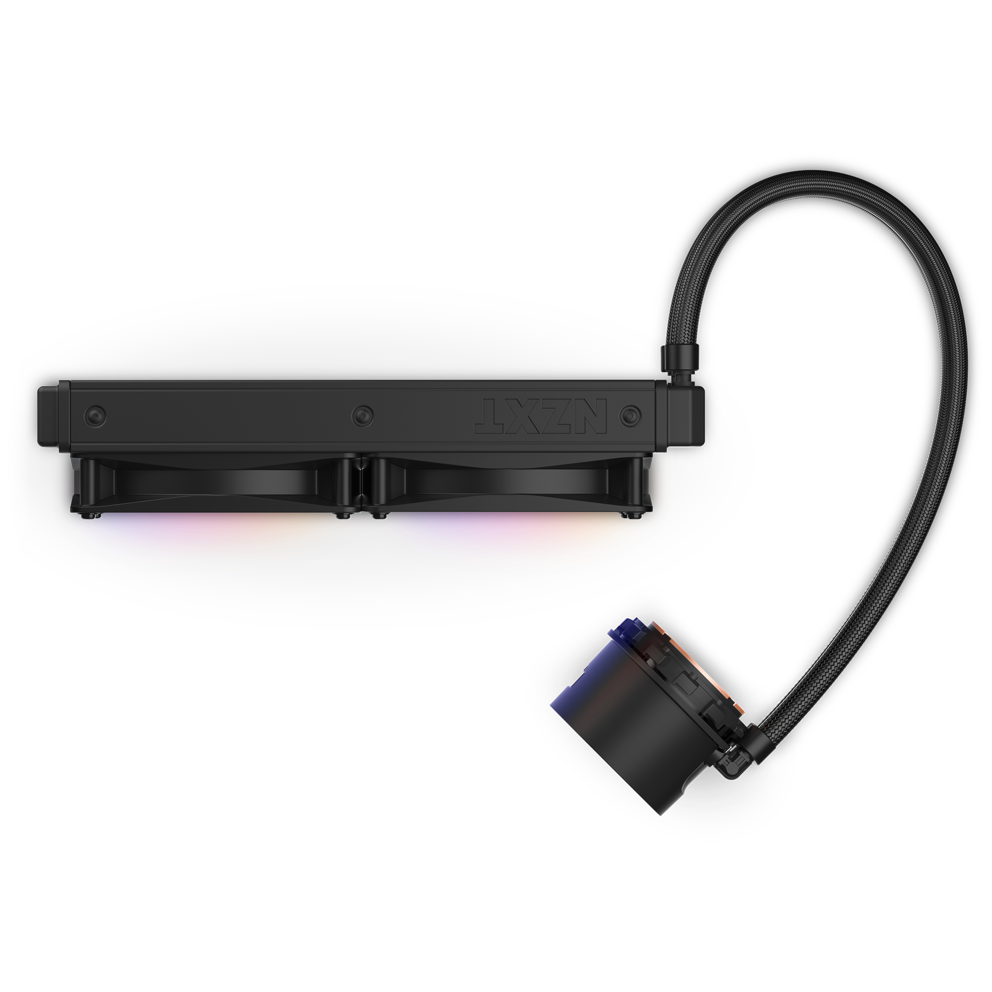 The NZXT Kraken 240 RGB liquid CPU cooler features dual RGB fans, flexible tubing, and a cylindrical pump for optimal cooling, all enhanced by striking purple, orange, and red lighting effects.
