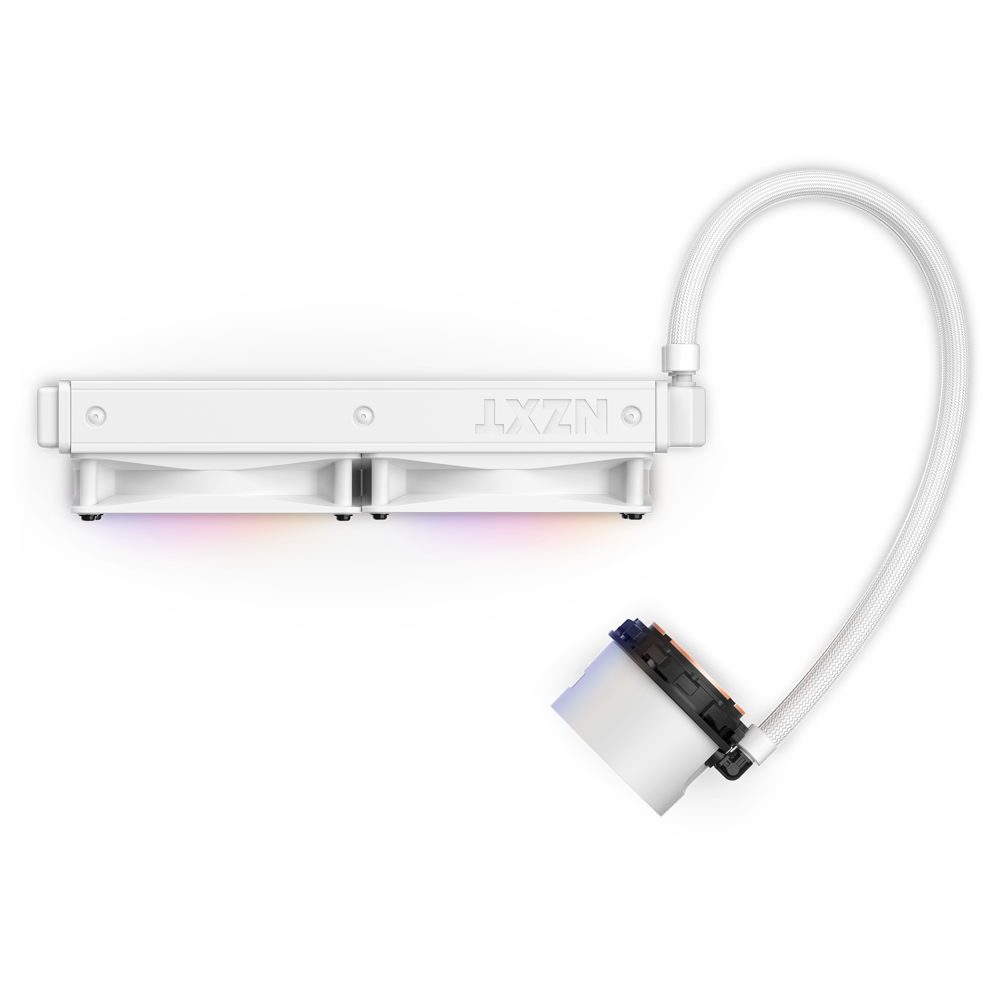 The NZXT Kraken 240 RGB is a white liquid CPU cooler featuring a dual-fan radiator, RGB-lit fans, and a flexible braided hose connecting to the circular CPU pump block for efficient cooling.