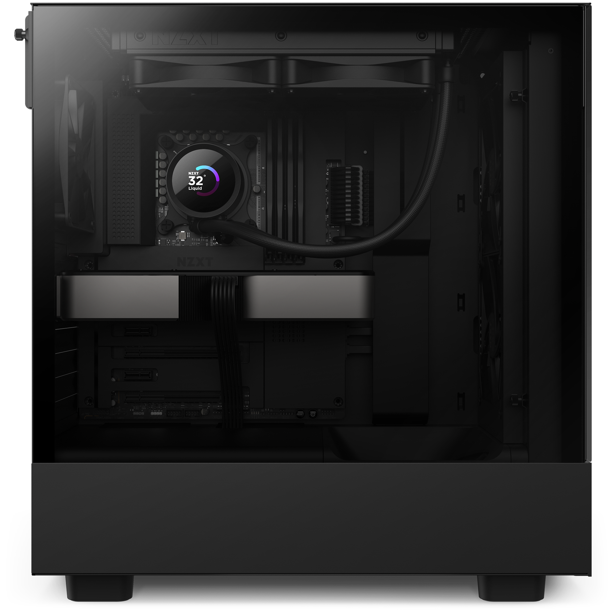 A black NZXT desktop case with a transparent side panel showcases internal components, including the Kraken 240 liquid CPU cooler with an LCD displaying 32°C, alongside the graphics card, cables, and motherboard for excellent cooling performance.