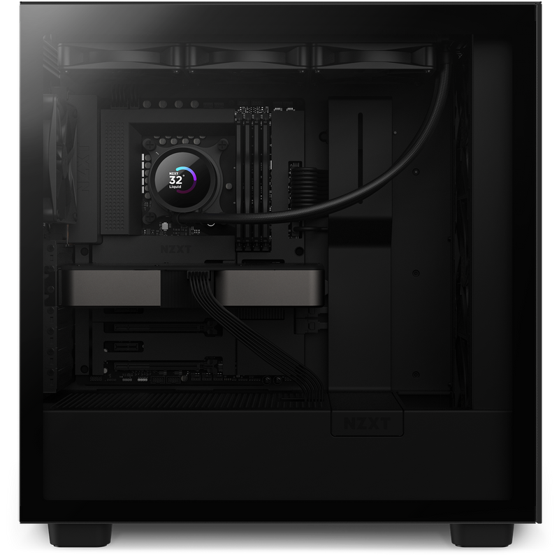The NZXT Refurbished Custom Build - #8649 features a transparent side panel, liquid CPU cooler with digital display, graphics card, and black hardware in a sleek design—ideal for prebuilt PCs and covered by a 2-year warranty.