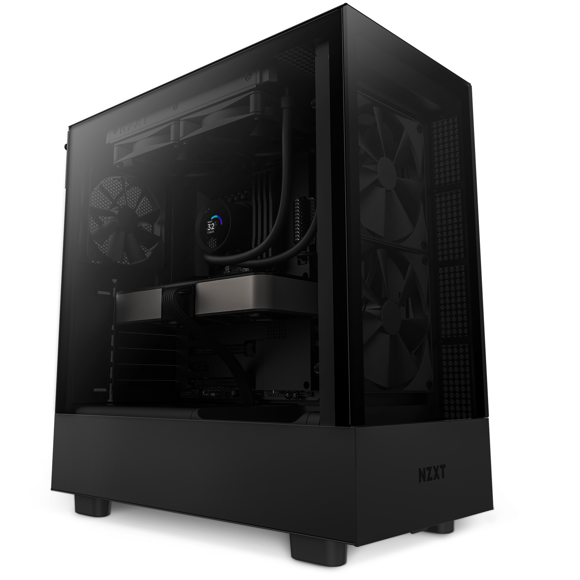 A black NZXT computer case with a transparent side panel showcases internal components, including cooling fans, the NZXT Kraken 240 liquid cooler with an LCD screen, and a graphics card for enhanced cooling.