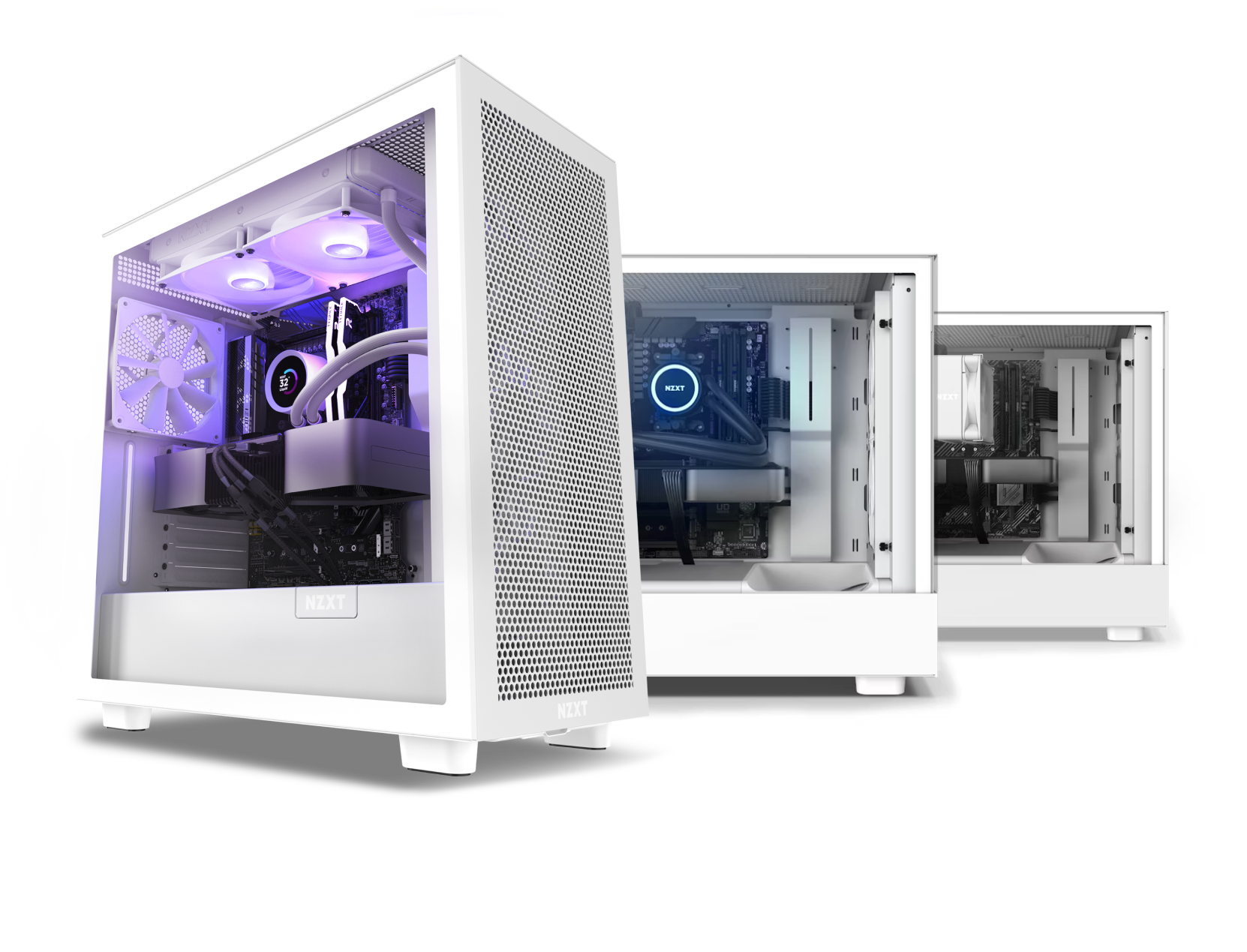 Three white NZXT computer cases are displayed, each showing a side view of their interior with visible components including cooling fans, RGB lighting, and NZXT branding. The front case glows with purple LED lights.