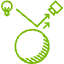 A green line drawing of a magnifying glass, a lightbulb, and a pencil, with arrows connecting them, suggesting the process of generating ideas, exploring, and writing.