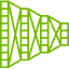 A green line-drawn icon of several overlapping triangular shapes resembling filmstrips or reels, gradually narrowing from left to right.