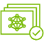 Green line icon showing three overlapping documents with a network or web-like design on the front and a checkmark in a circle at the bottom right, indicating verified or approved files.