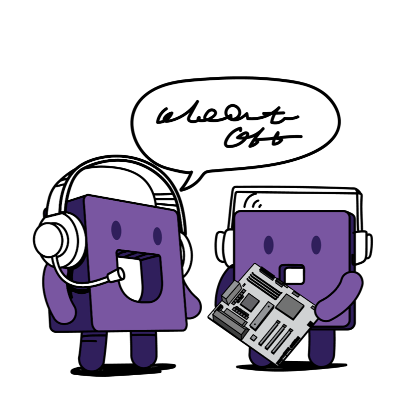 Two purple square characters with open mouths; one wears a headset with a microphone, and the other holds a computer motherboard. Both appear to be communicating or collaborating. The background is transparent.