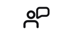 Minimalist icon of a person with a speech bubble next to their head, representing communication or conversation.
